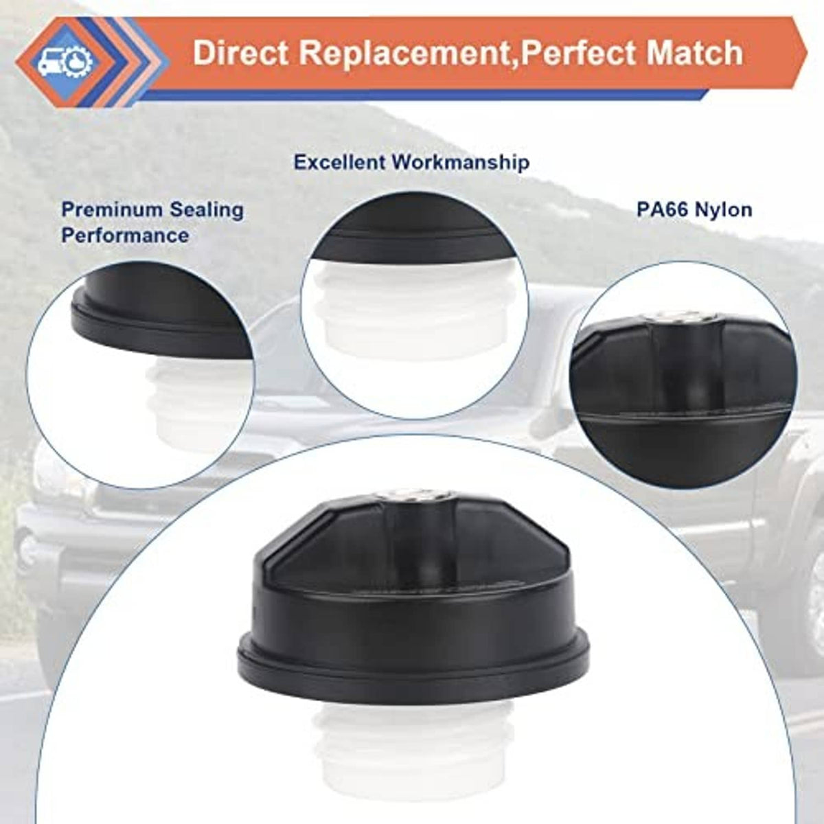Black locking fuel gas cap with protective seal and top cover close-up