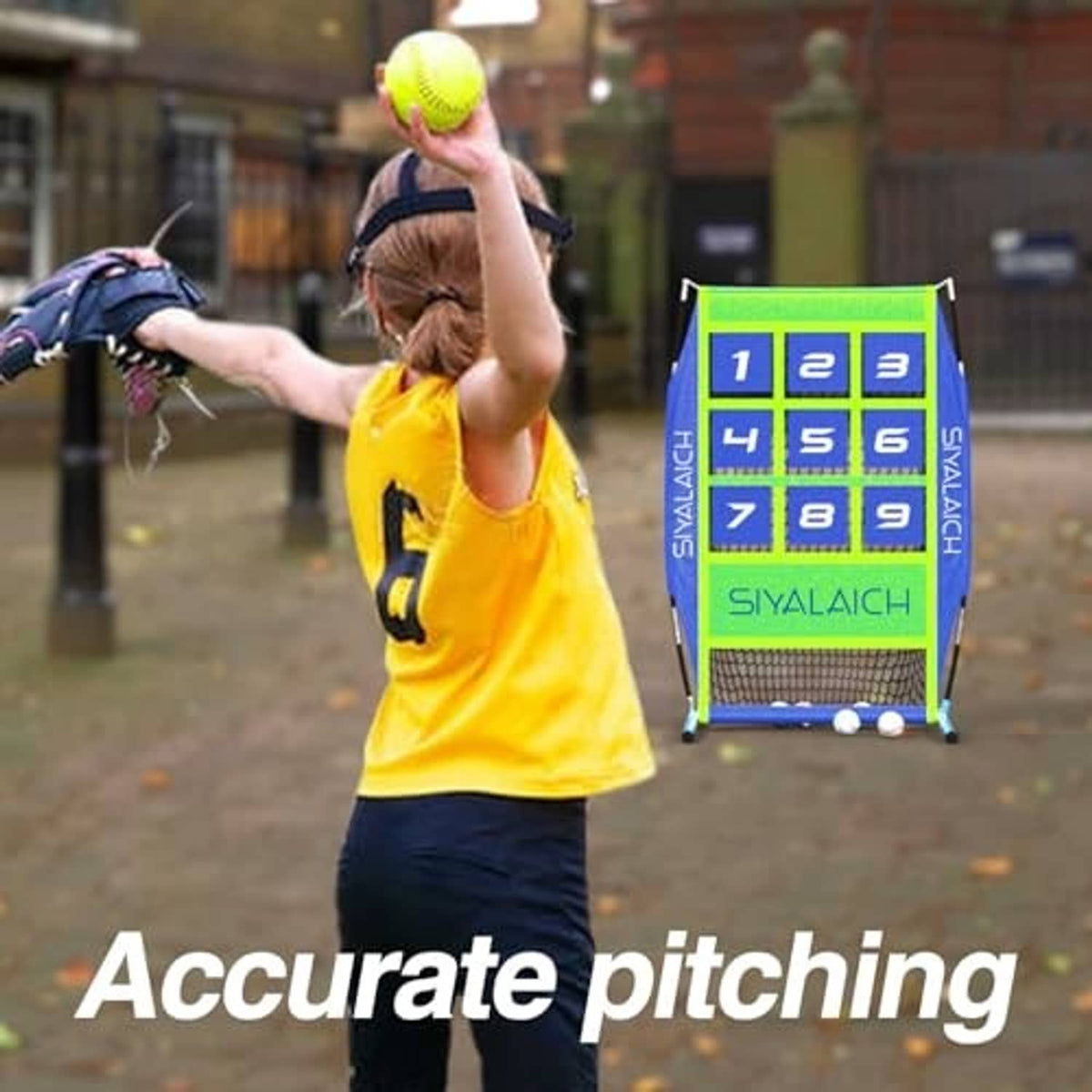 Portable pitching target net with numbered squares 1–9 and raised ball toss area