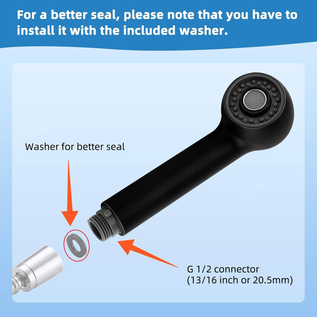 Matte black sprayer head replacement with G 1/2 connector and included washer