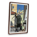 Walnut poster frame with white mat, labeled for 12x18 matted to 11x17