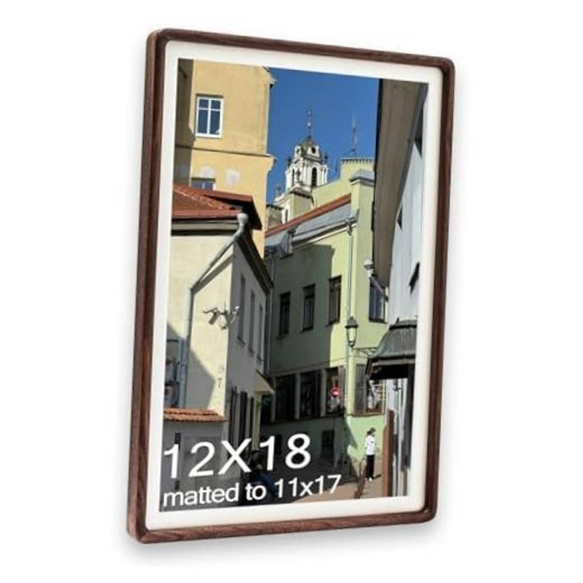 Walnut poster frame with white mat, labeled for 12x18 matted to 11x17