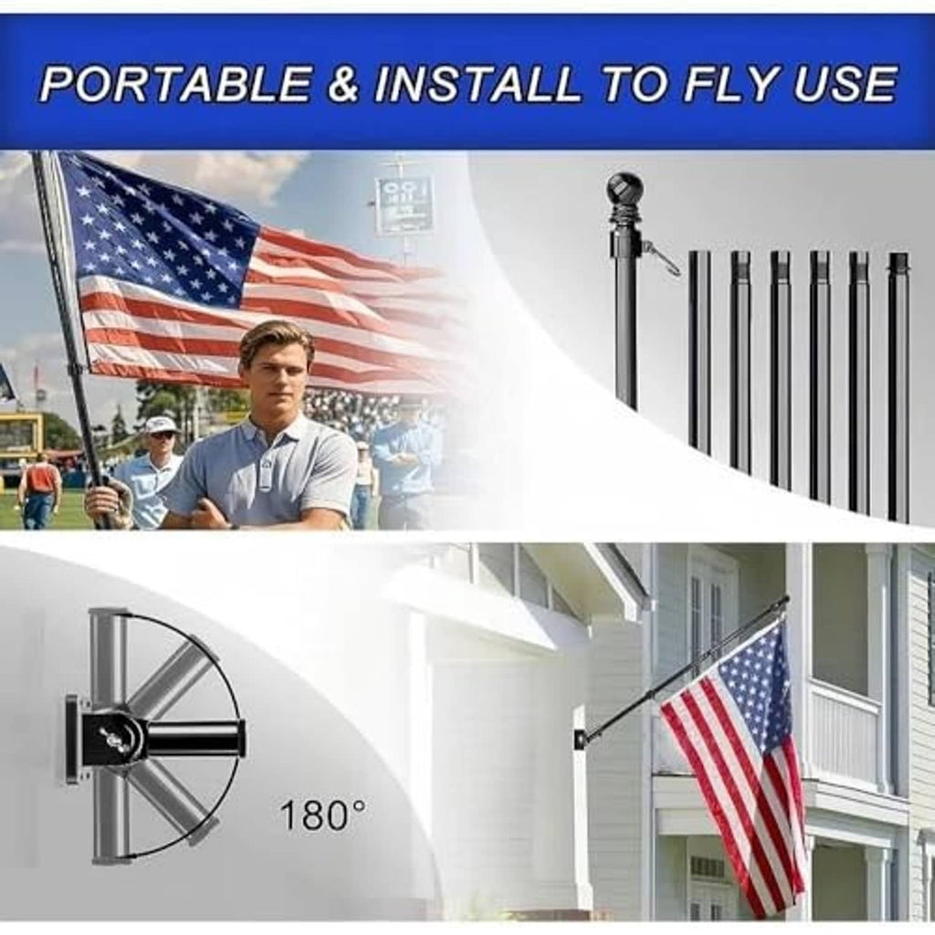 Black rotating flag pole holding an American flag with wall-mount bracket