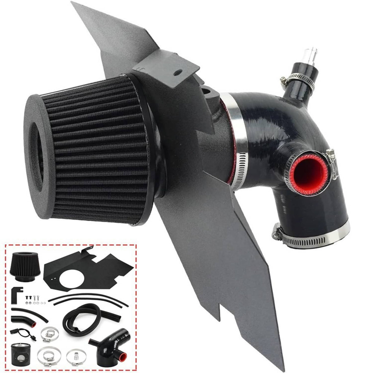Black cold air intake filter housing with intake tube and red outlet port