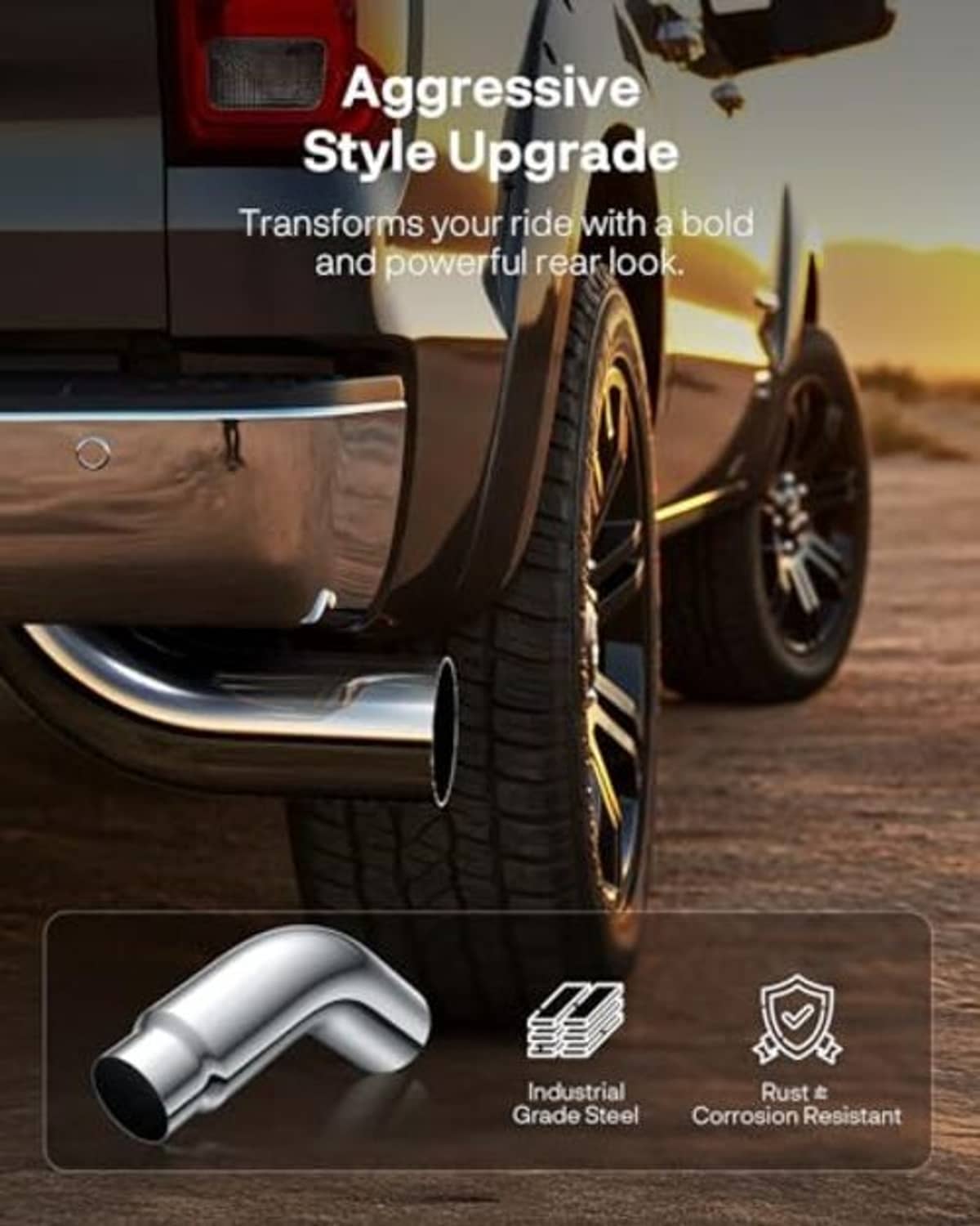 Chrome diesel exhaust elbow tip on vehicle, round black outlet opening