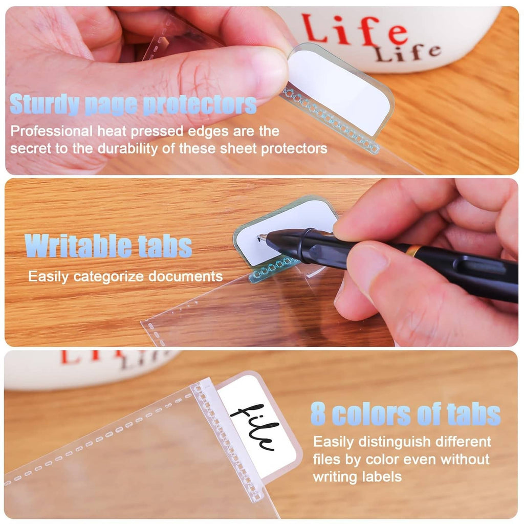 Clear page protector with colored writable tabs and a pen pointing to the tab