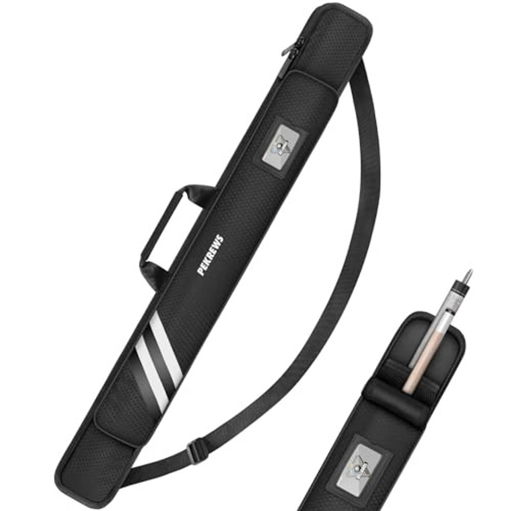 Black soft pool cue case with adjustable strap and front zipper pocket, cue inserted.