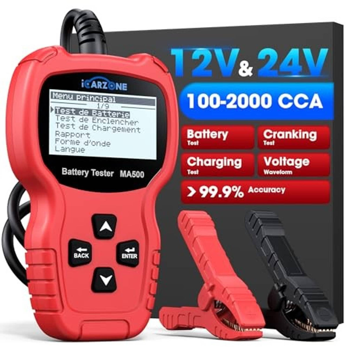 Red digital battery tester with display screen and included test clamp leads