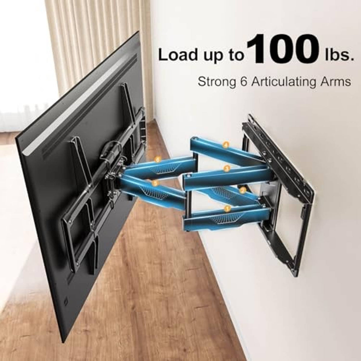 Full-motion TV wall mount bracket extended from wall, black arms and mounting frame.
