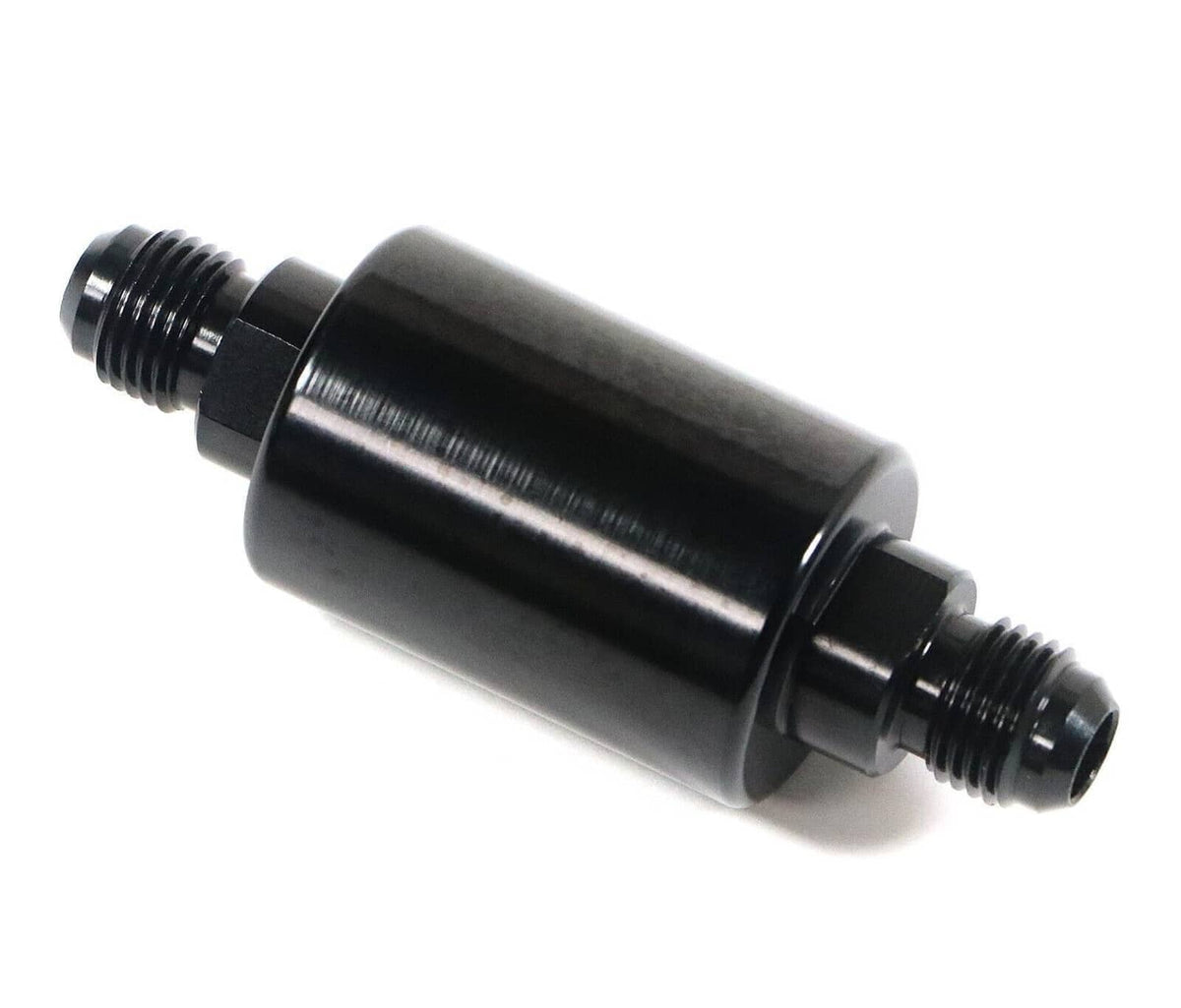 Inline AN6 fuel filter, black canister with inlet and outlet AN6 threaded fittings