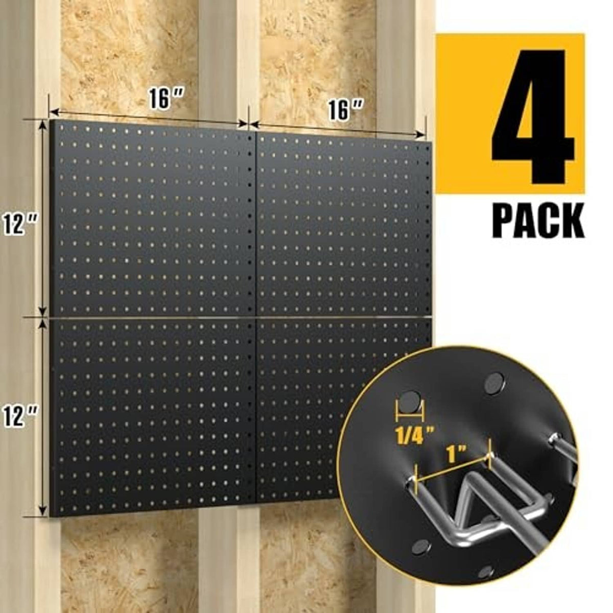 Black metal pegboard panels measuring about 16 x 12 in, 4-pack set