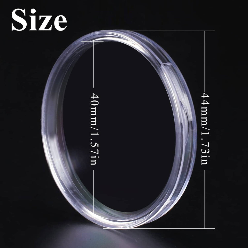 Clear 40mm coin capsule holder, oval view showing plastic rim and depth