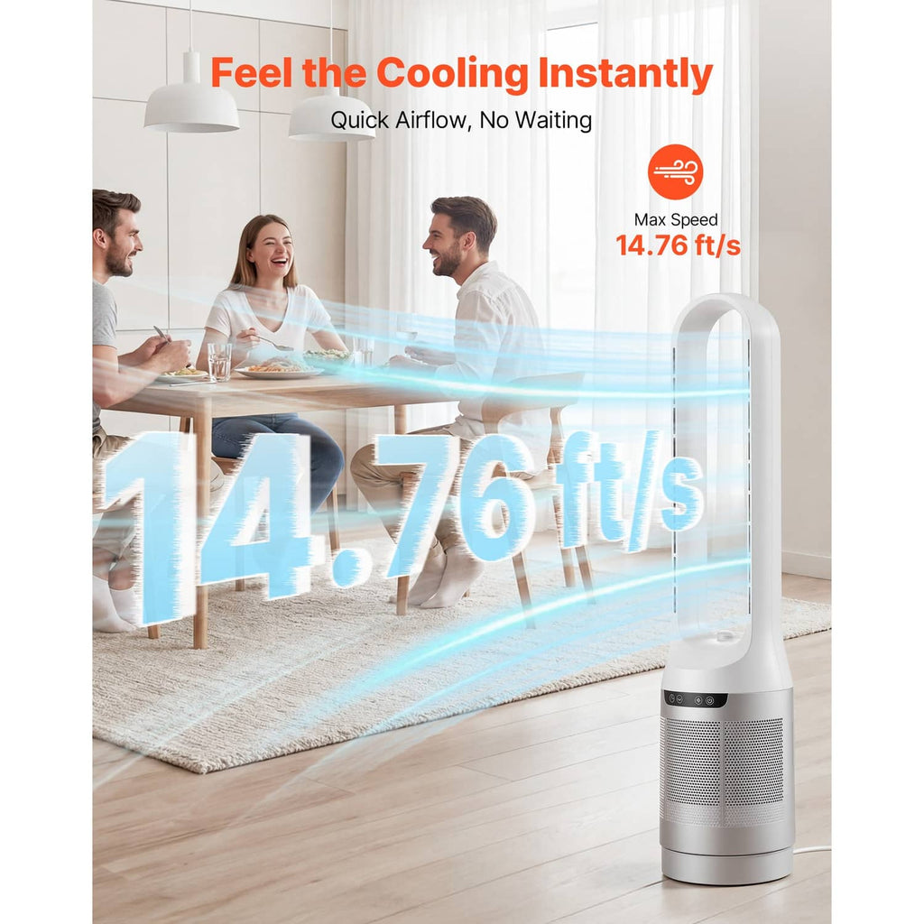 White bladeless tower fan with bladeless air outlet and wide grille