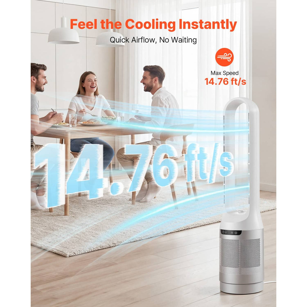 White bladeless tower fan with bladeless air outlet and wide grille
