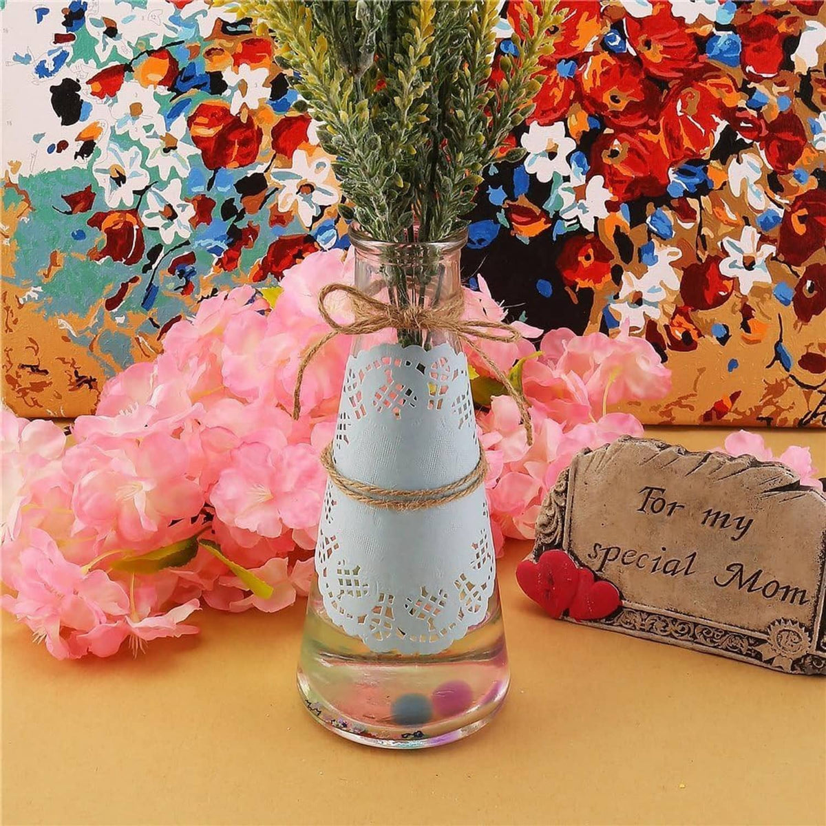 Round light blue paper lace doily with scalloped edge and cutout lattice pattern