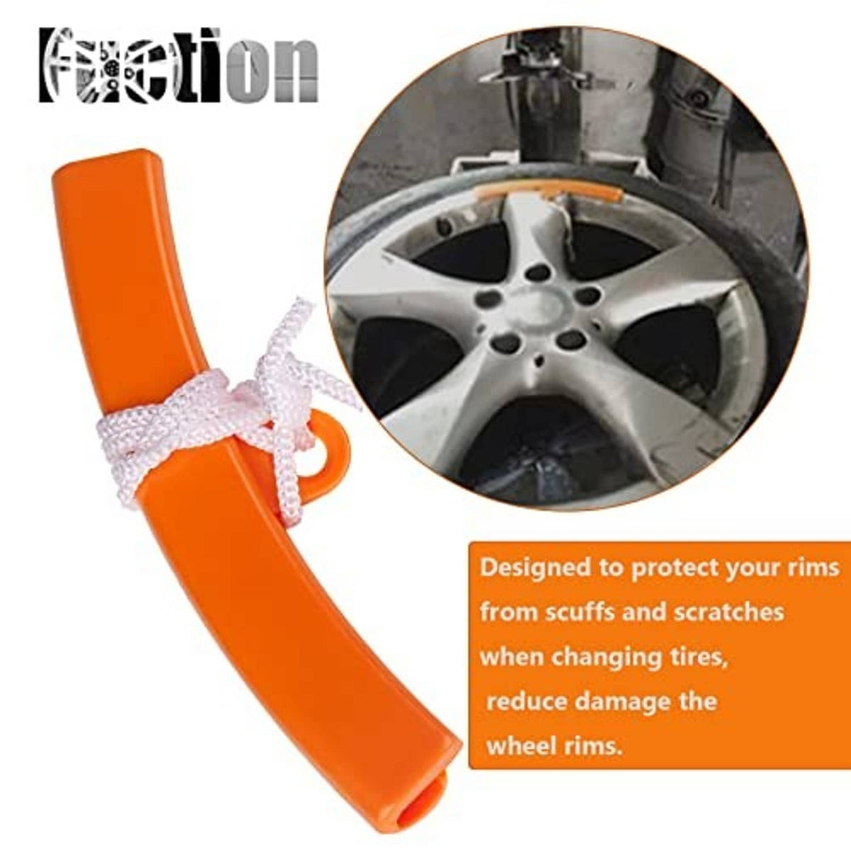 Orange rim protector with white tie cord, helps protect wheel edges from scratches