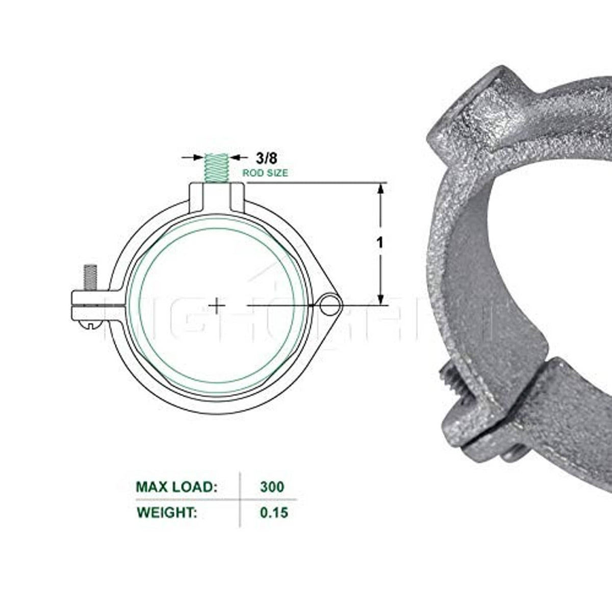 Hinged split ring pipe hanger dimension diagram with load and rod-size marks