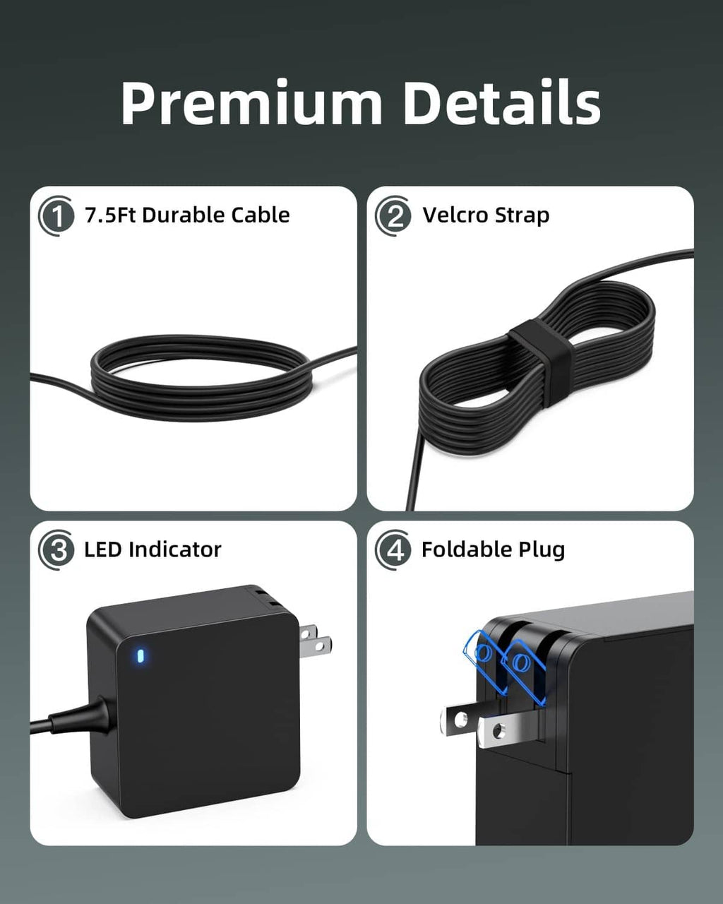 Black laptop charger kit with cable, Velcro strap, LED indicator, foldable plug