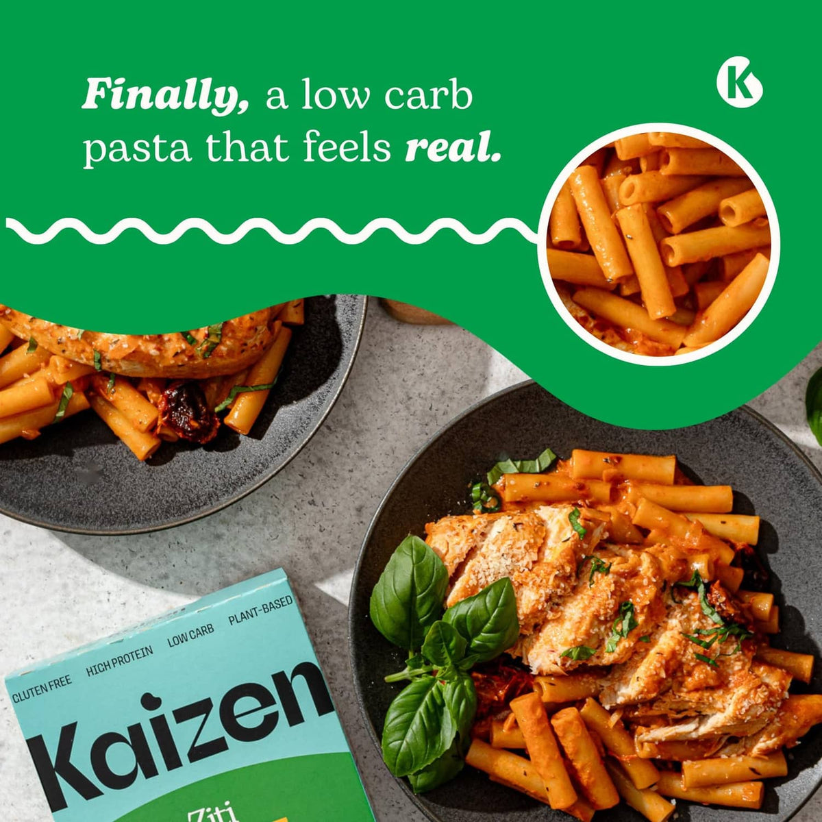 Low carb pasta serving with tomato sauce and basil, beside green ziti package