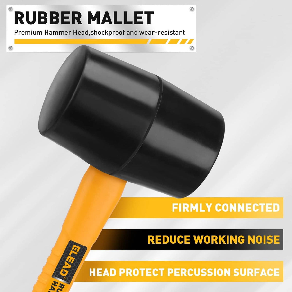 Rubber mallet with black head and orange fiberglass handle