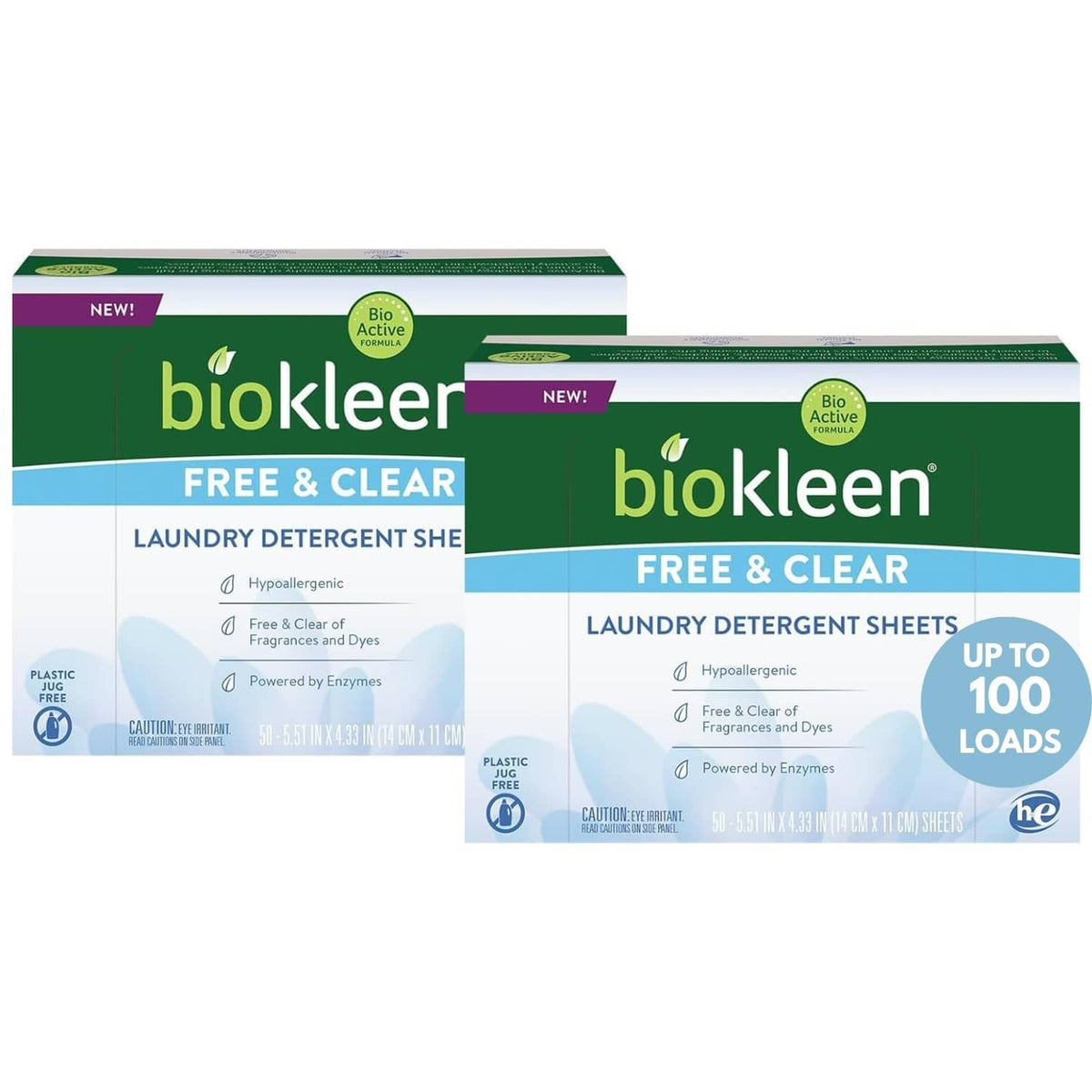 Biokleen Free & Clear laundry detergent sheets 2-pack boxes, up to 100 loads