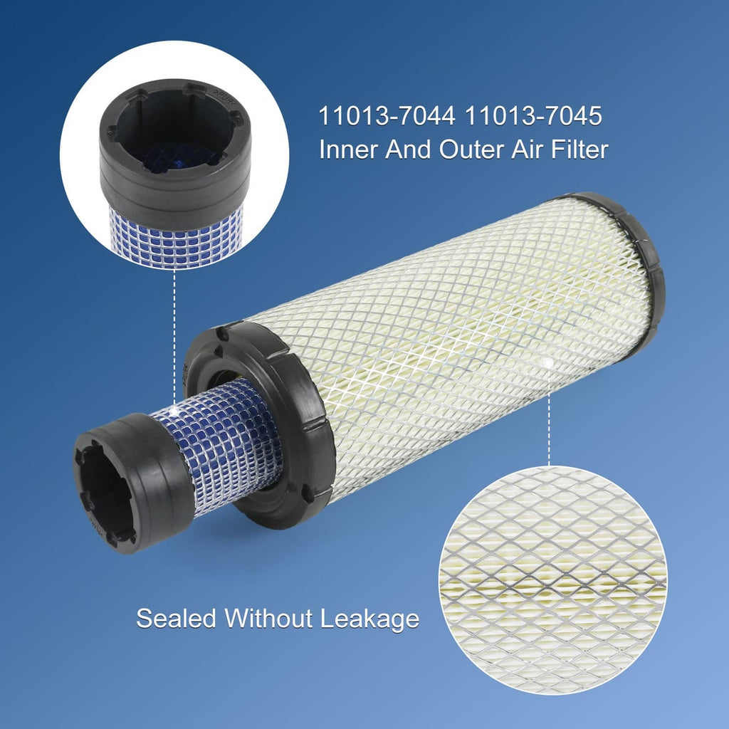Air filter set with white pleated cylinder, blue mesh cylinder, and sealed end view