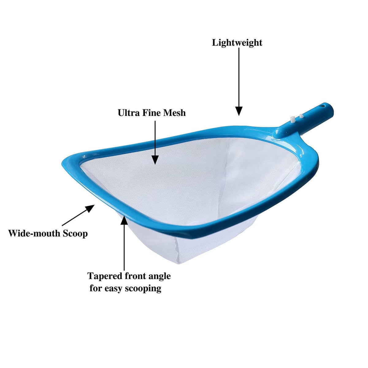 Pool spa skimmer scoop with ultra fine mesh, wide mouth, and light-duty handle.