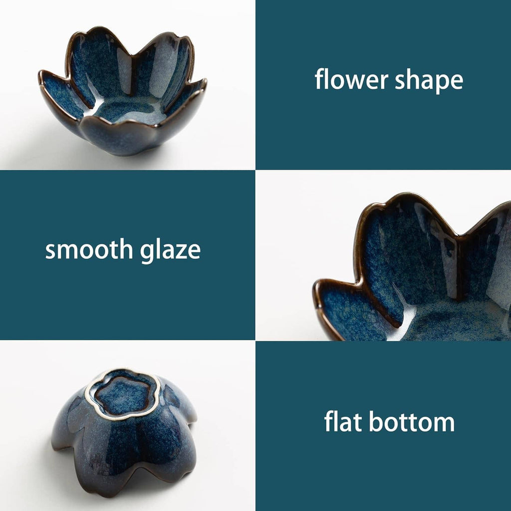Ceramic flower ring holder dish with smooth blue glaze, small jewelry tray