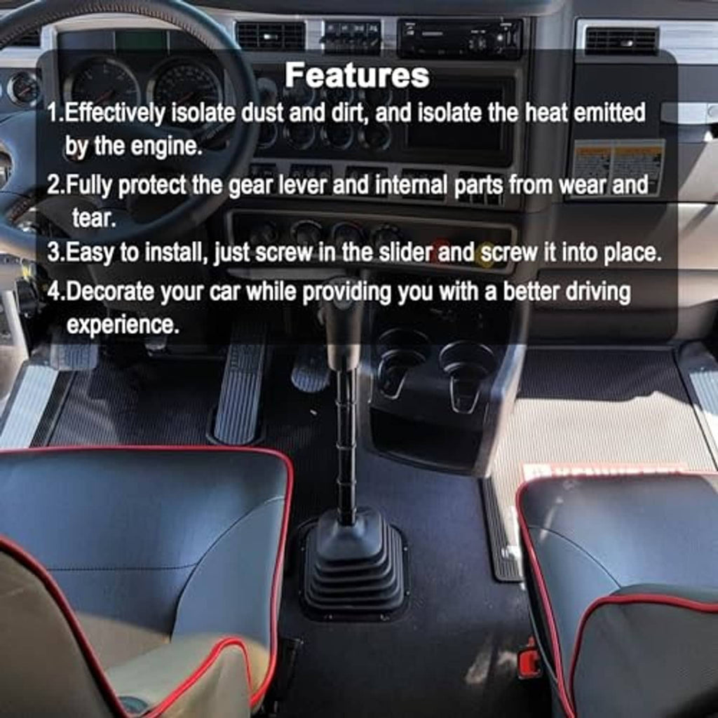 Installed black gear shift boot with ribbed texture, covering the gear lever area