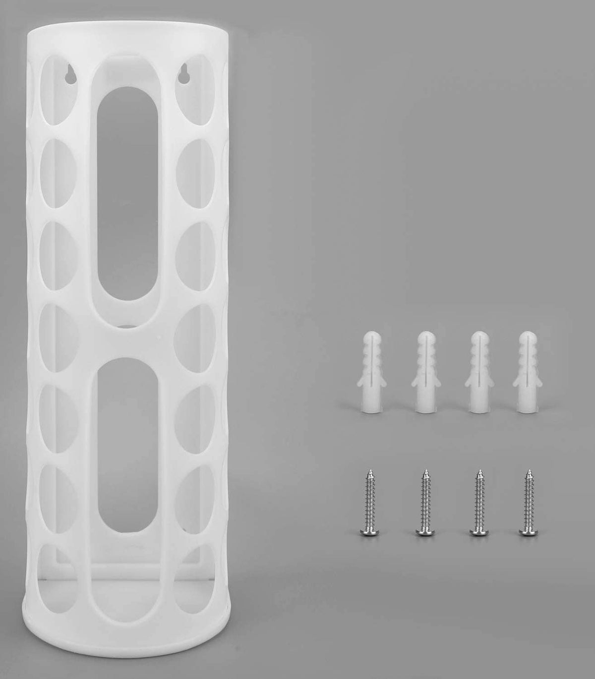 White plastic bag holder with circular cutouts and included mounting screws