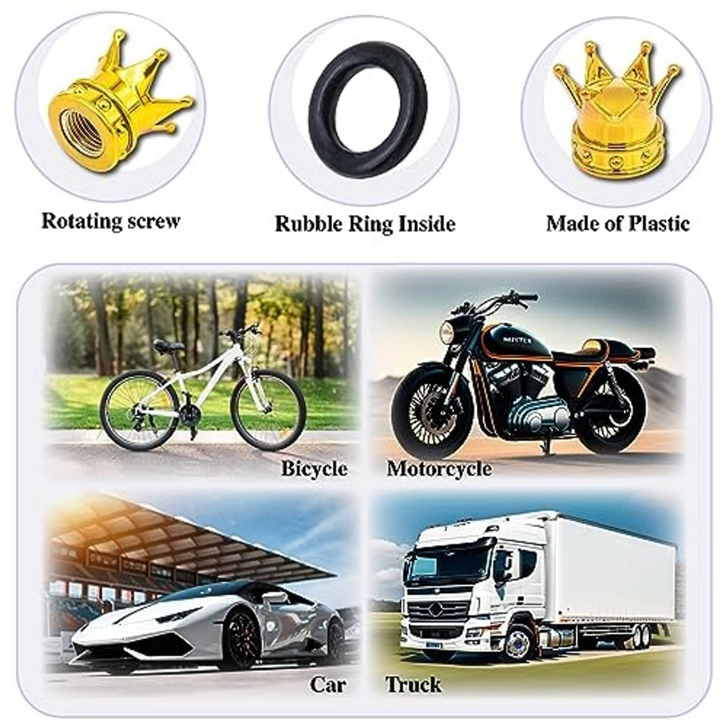 Gold crown tire valve stem cap with rubber sealing ring and threaded screw opening
