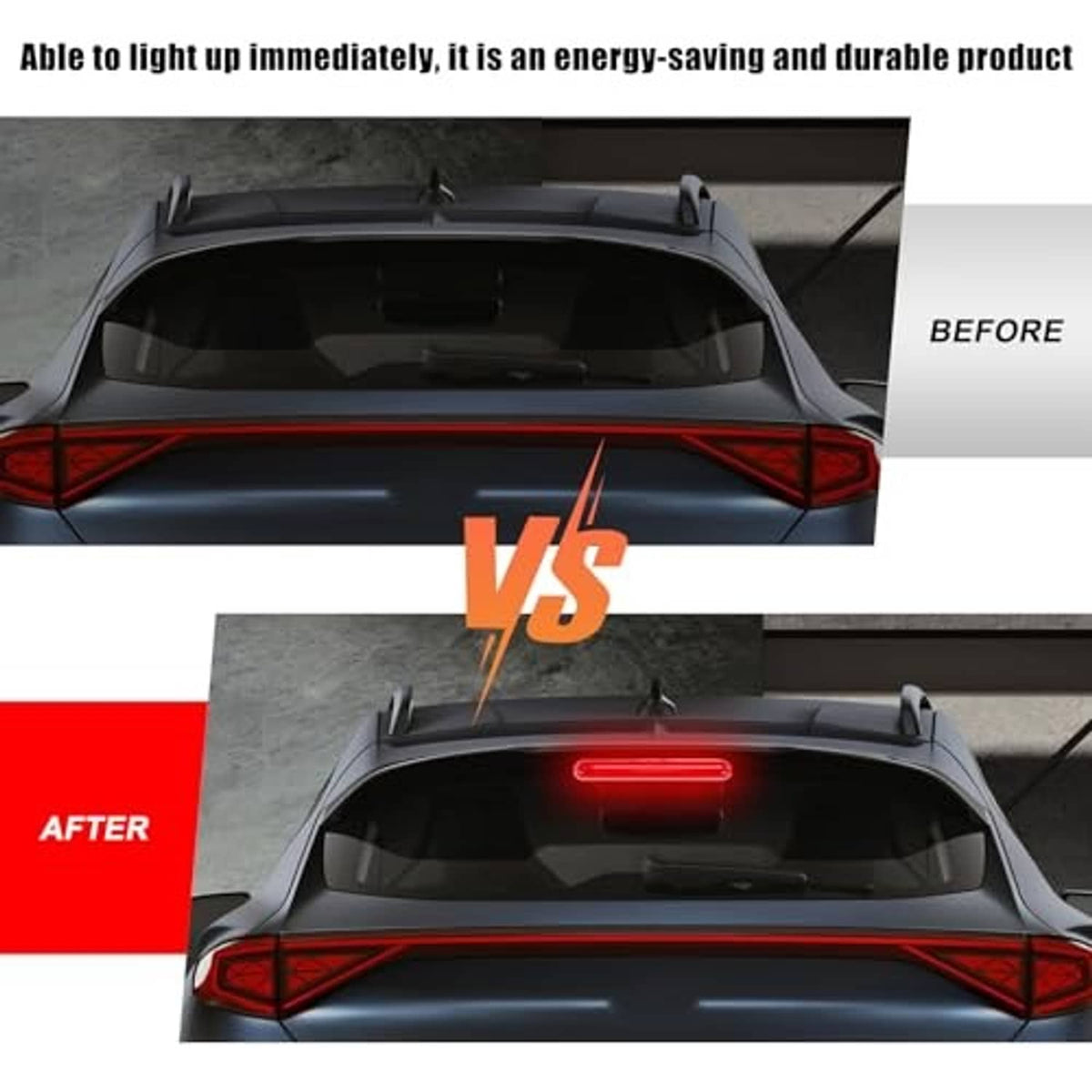 Red illuminated third brake light bar on rear of vehicle