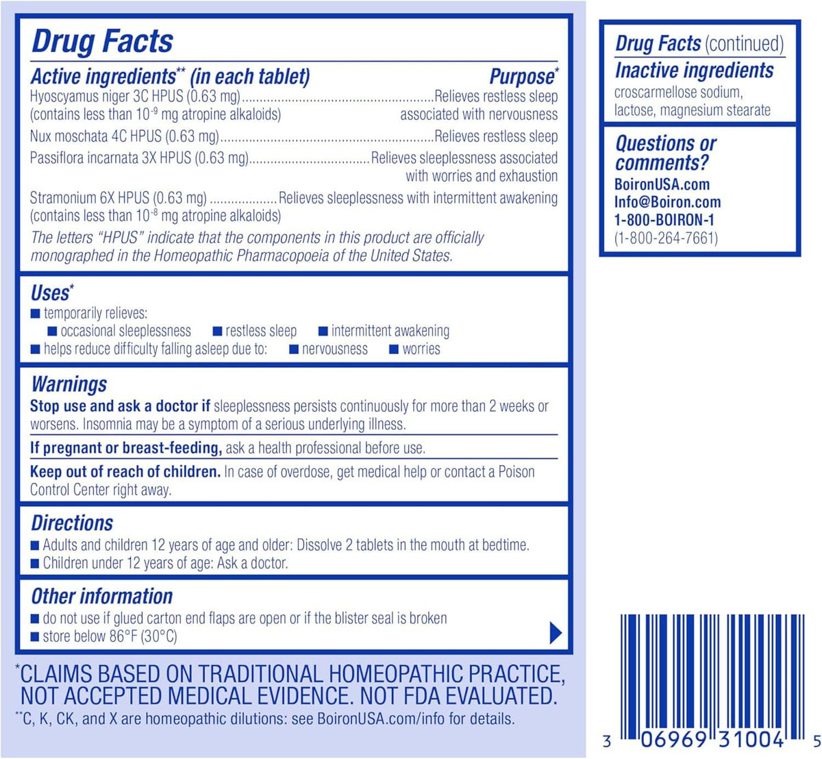 Drug Facts label panel for sleep relief tablets with active ingredients and directions