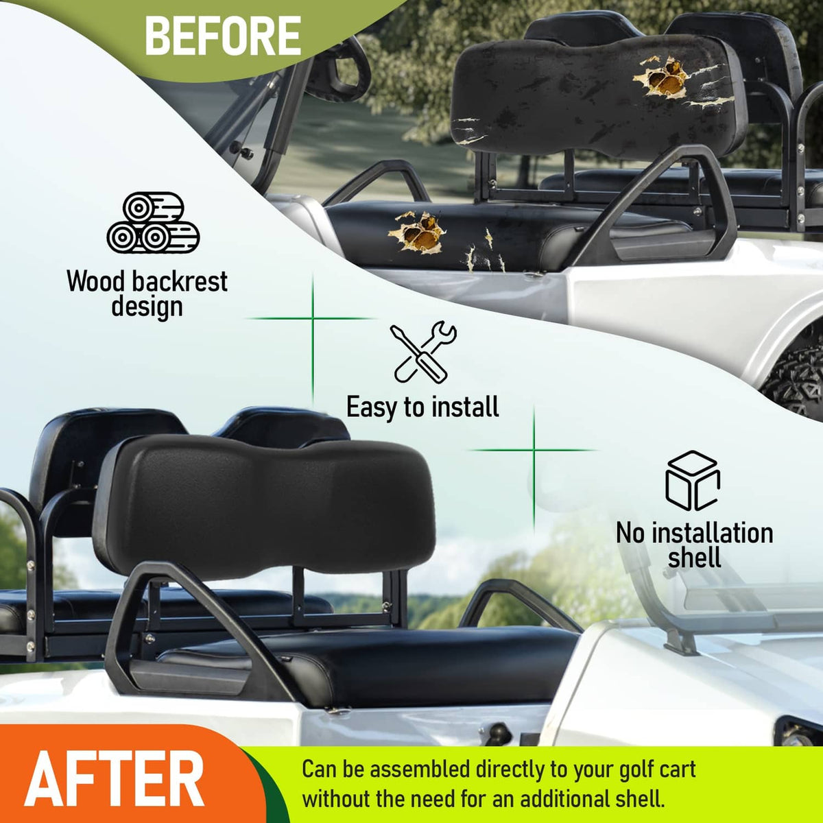 Black golf cart seat backrest and cushion, front view