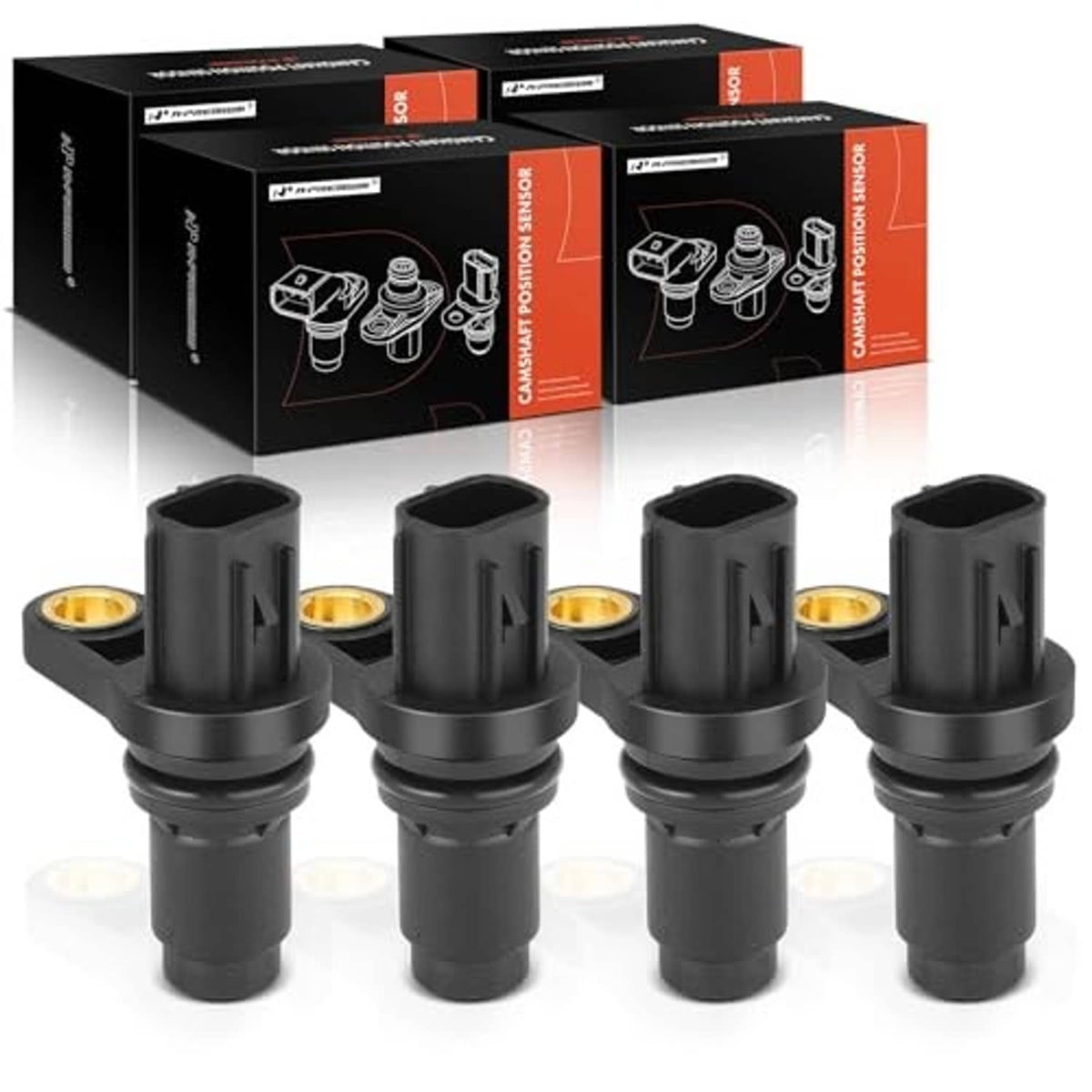Set of 4 camshaft position sensors with black housings and gold-ring electrical ports