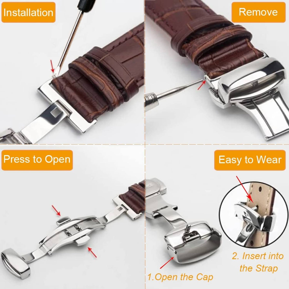 Silver deployant clasp installation on brown leather strap, press-to-open and remove