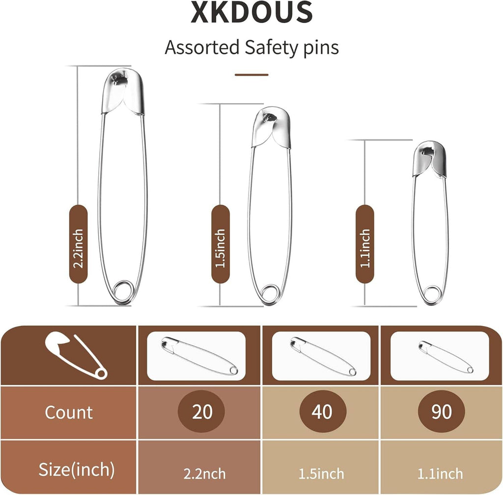 Assorted safety pins displayed with three size measurements and counts on a diagram