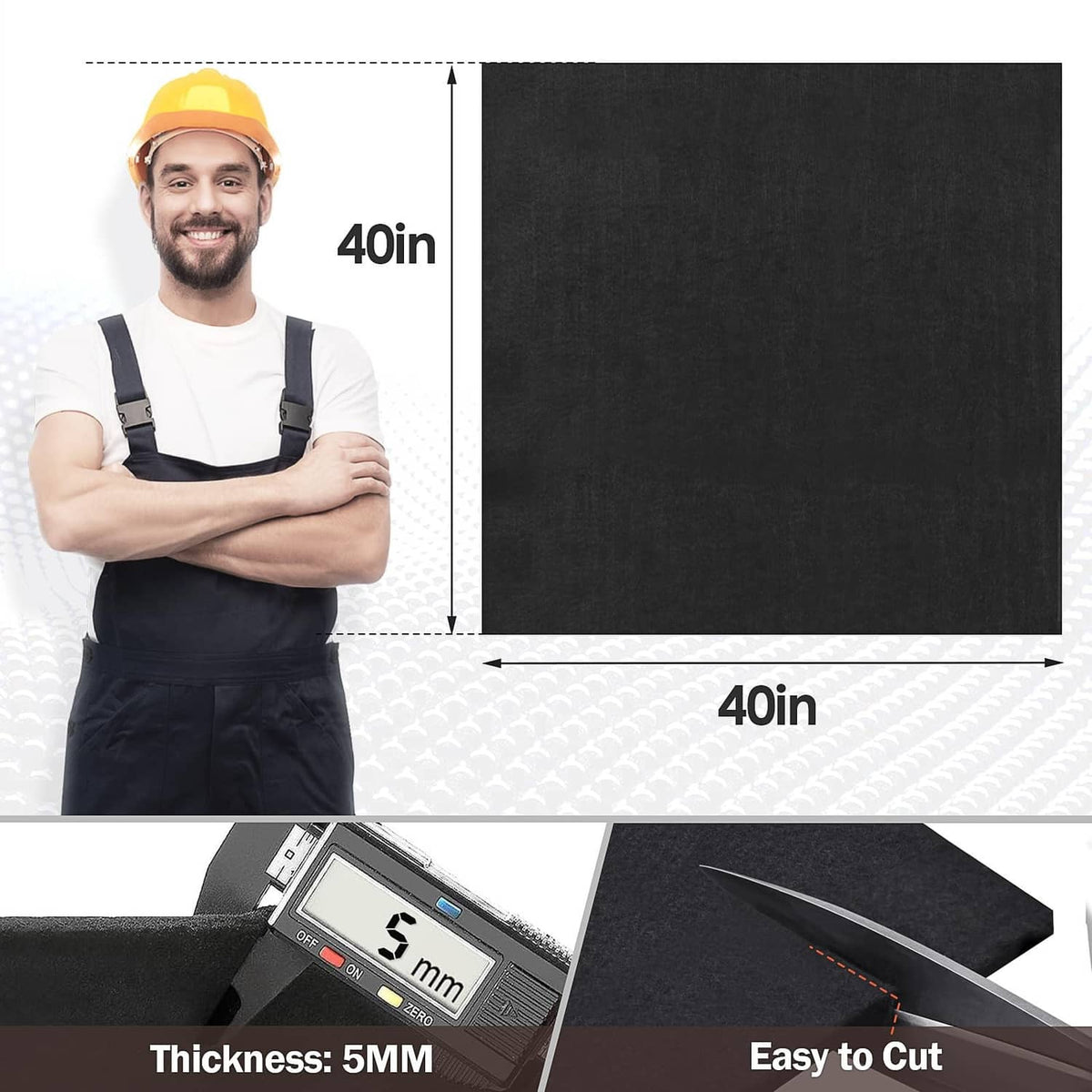 Black welding blanket sheet, 5mm thick, shown as easy to cut