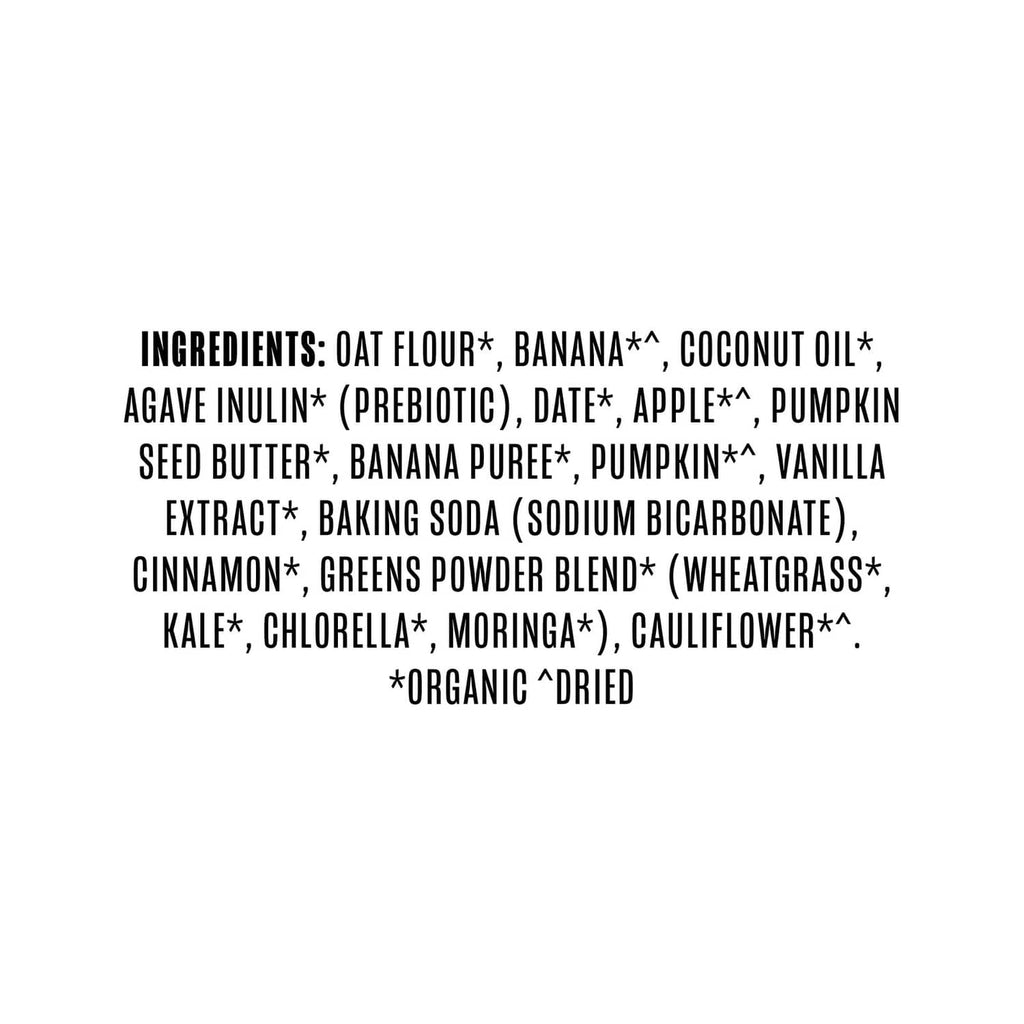 Ingredients list for organic toddler banana soft baked bars: oat flour, banana, date, pumpkin.