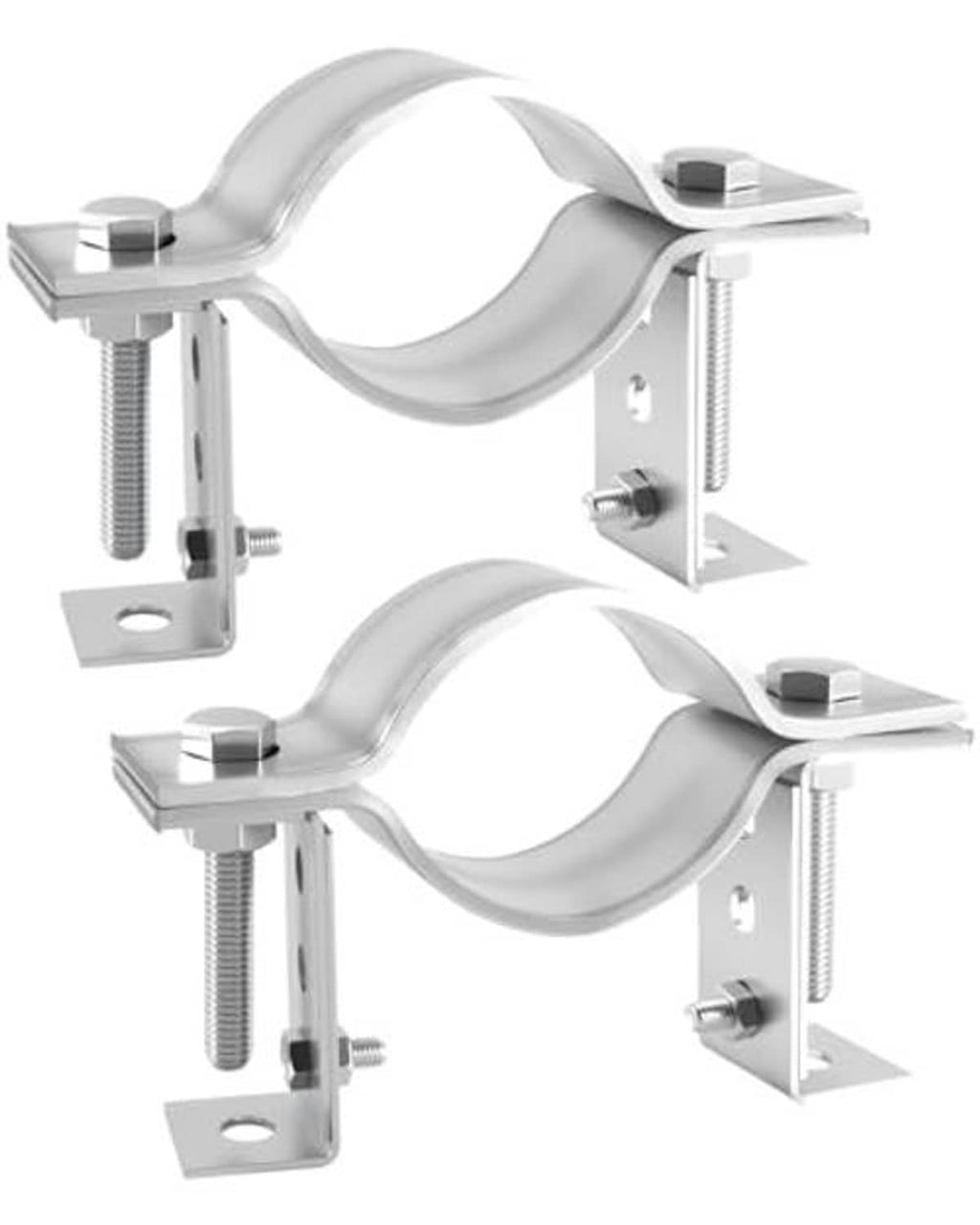Adjustable split-ring pipe wall hanger with clamp ring and mounting bracket, gray metal