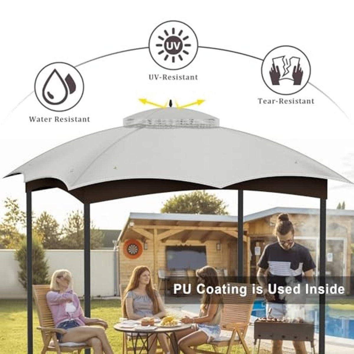 Gray gazebo canopy replacement top with UV- and water-resistant fabric
