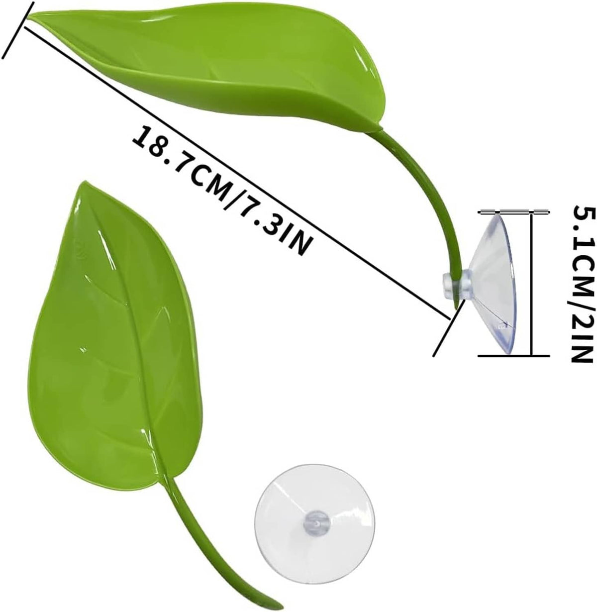 Green leaf basking platform with suction cups; two leaf shapes shown with sizes