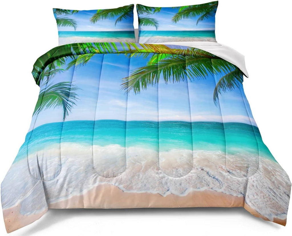 Tropical ocean comforter set with palm tree print, includes comforter and two pillow shams