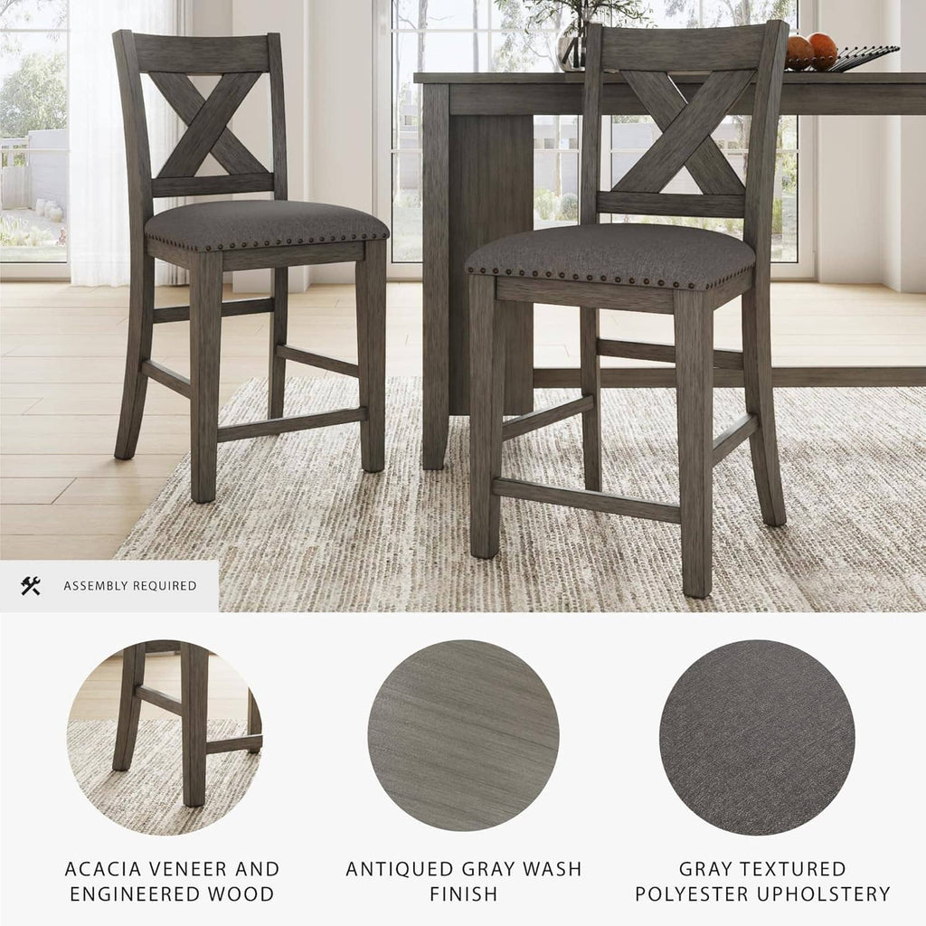 Set of counter-height bar stools with X-back frames and gray upholstered seat cushions