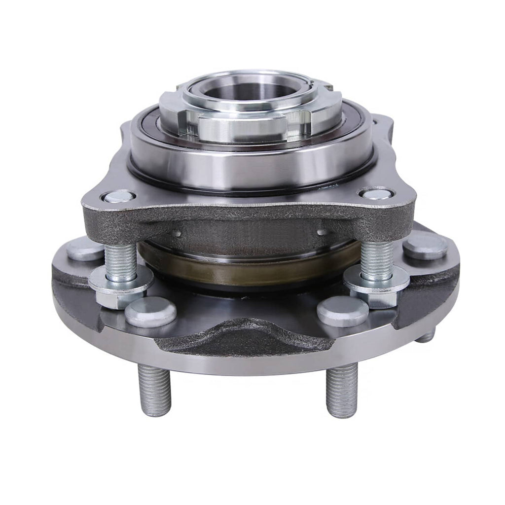 Front wheel bearing hub assembly with dark mounting plate and four raised stud bolts