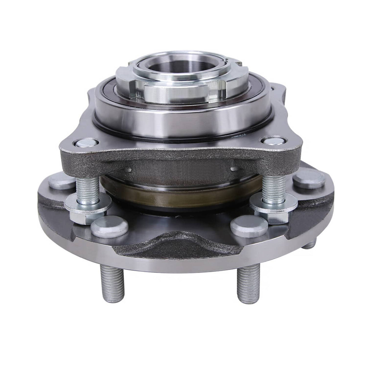Front wheel bearing hub assembly with dark mounting plate and four raised stud bolts