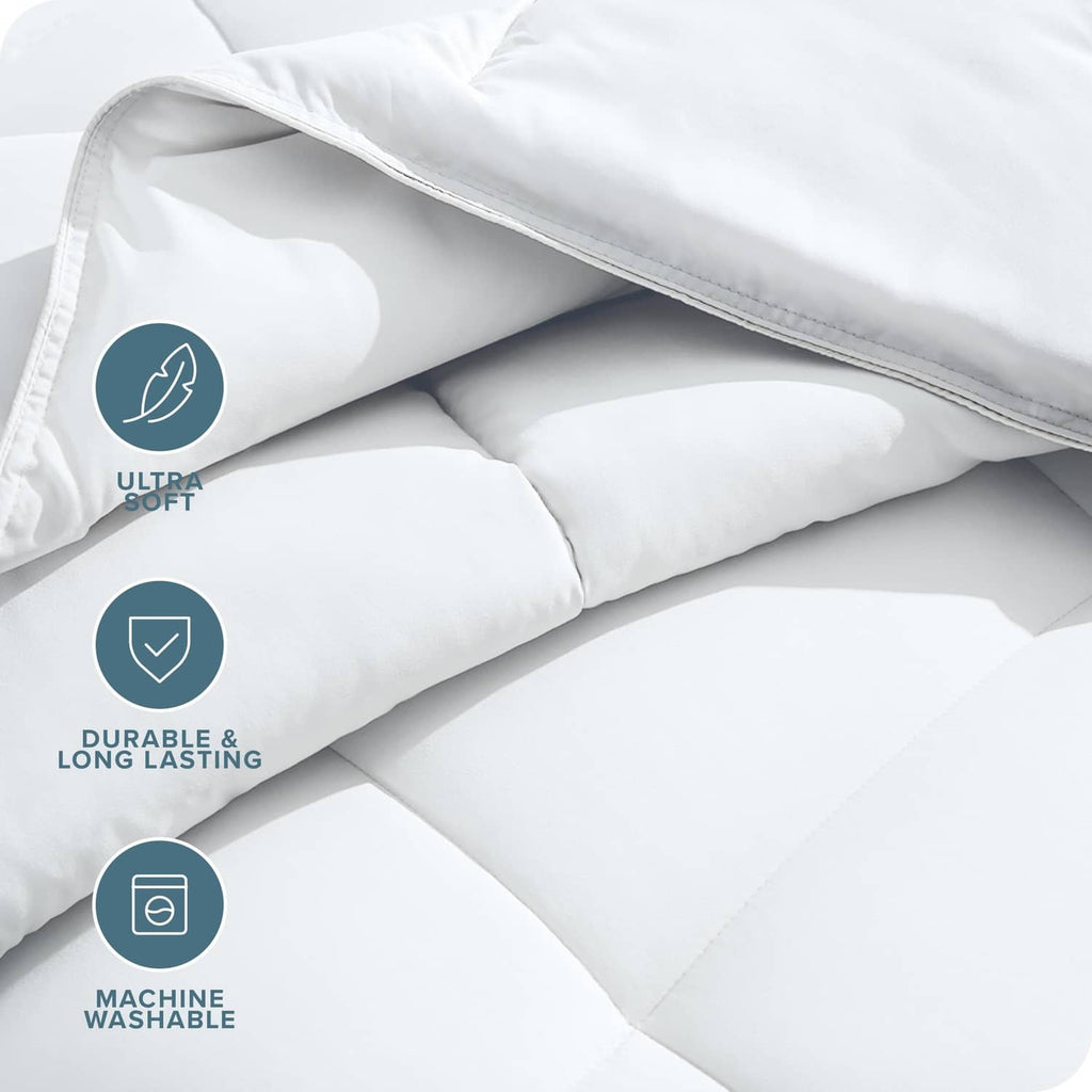 White down-alternative comforter with visible inner baffle stitching and soft fill