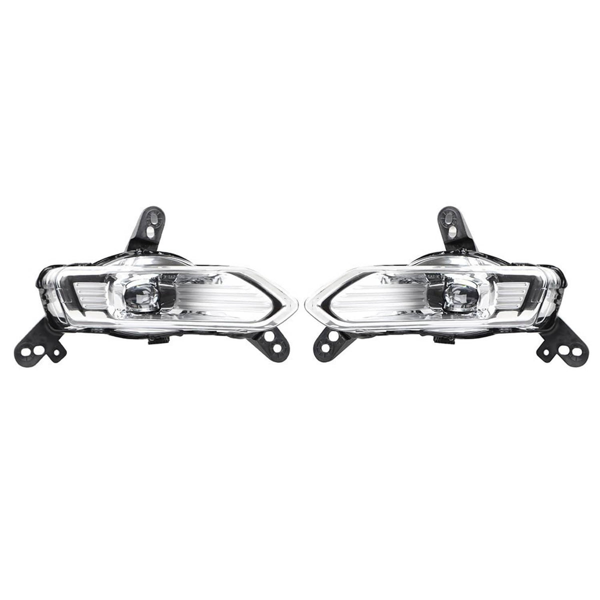 Pair of chrome fog lights with clear lenses and black mounting tabs