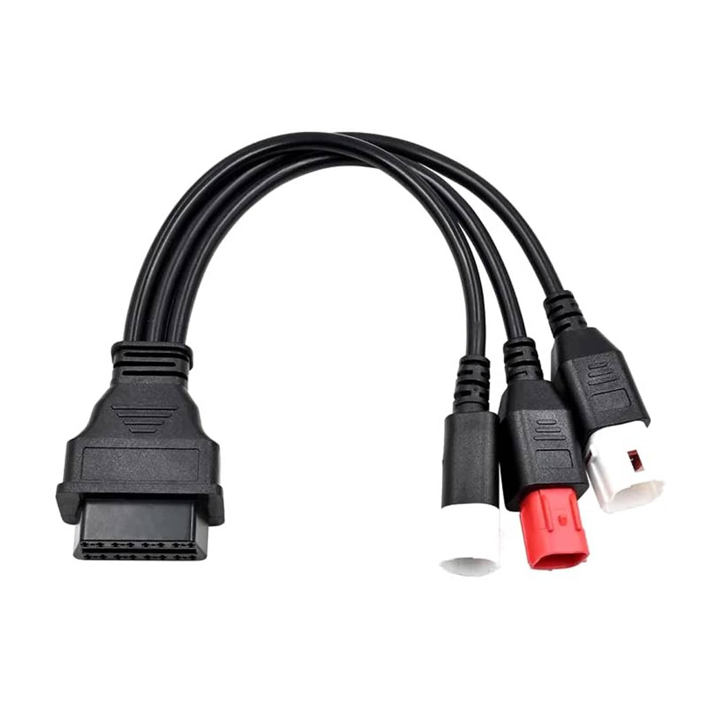3-in-1 motorcycle OBD adapter cable with OBD plug and black/red/white connector leads