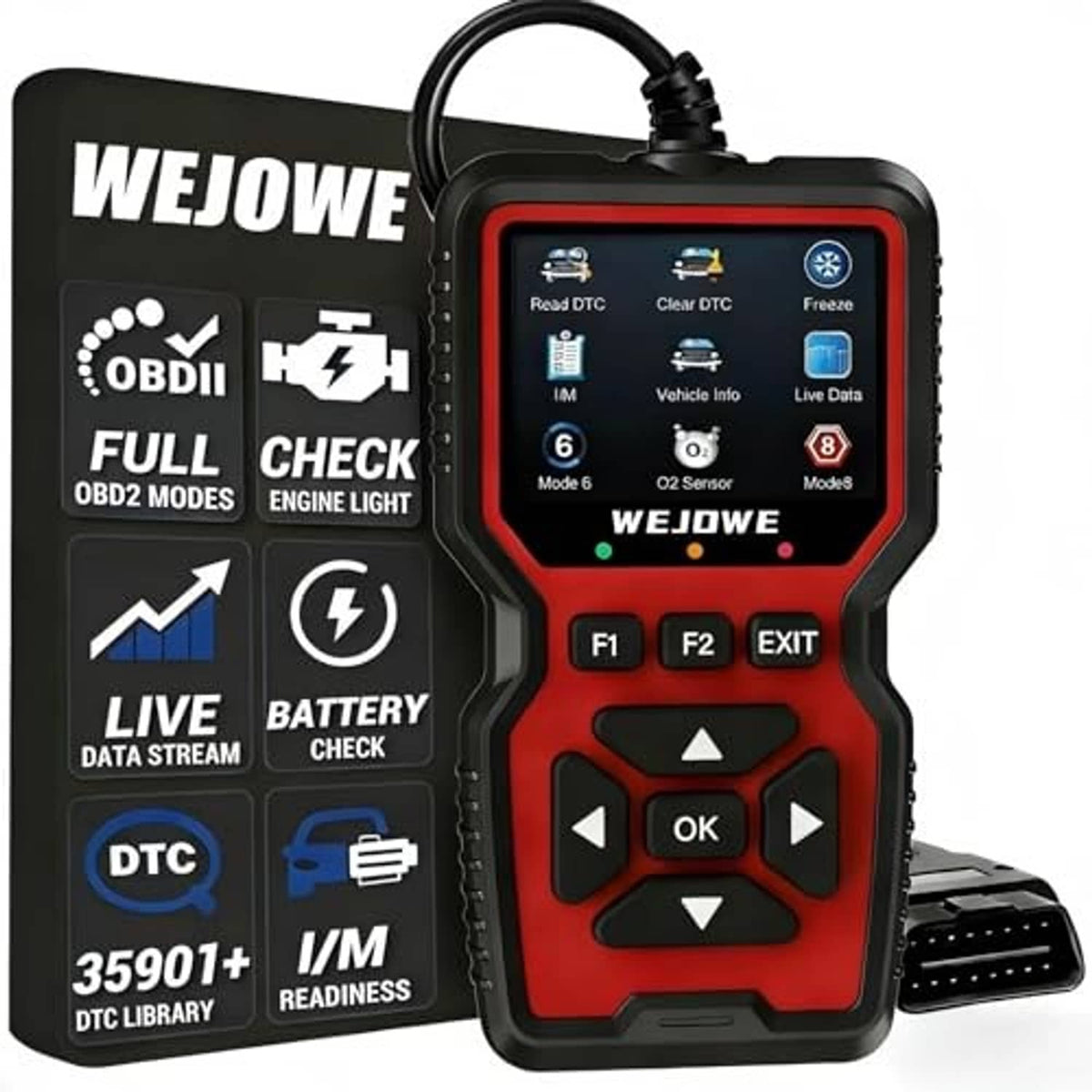 Red-and-black OBD2 scanner with color display, F1/F2/EXIT buttons, and OBD cable