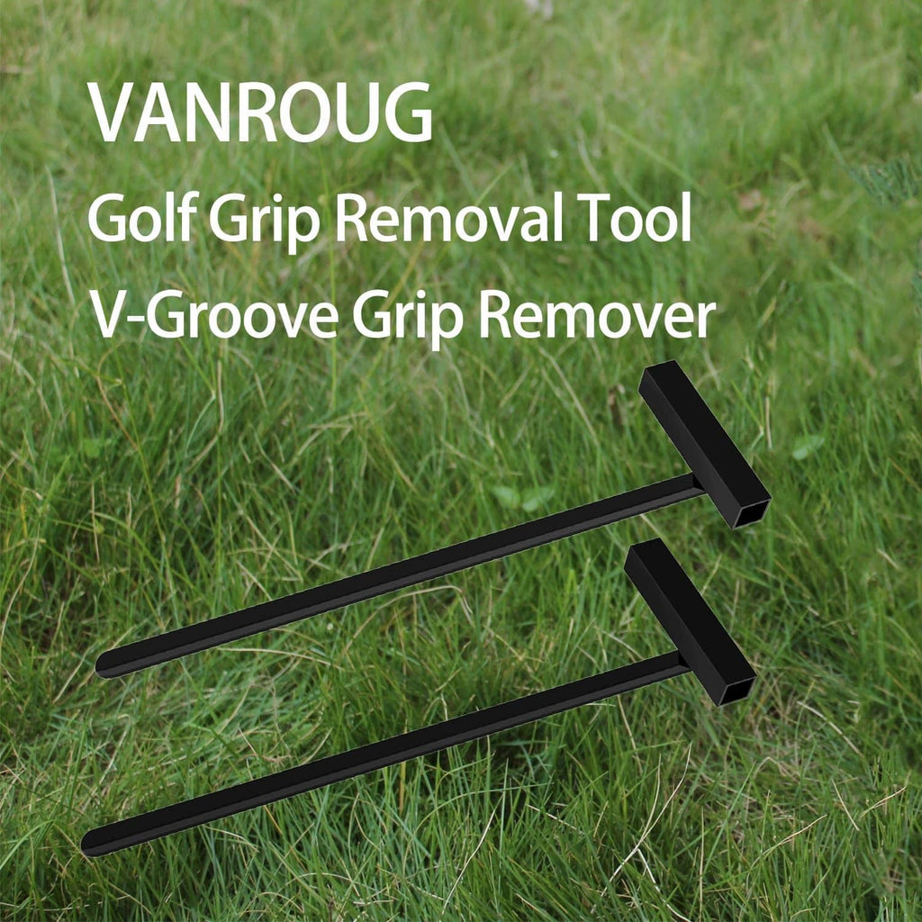 Pair of black V-shaped grip remover tools lying on grass for golf club use